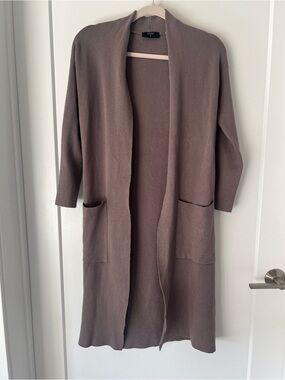 Tahari Long Open-Front Cardigan in Taupe Brown